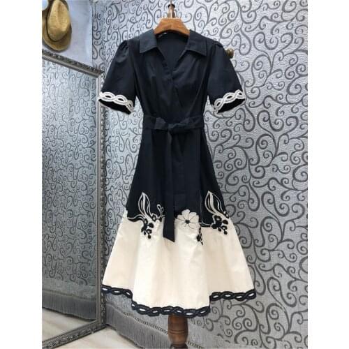 Top Quality Summer Dress 2021 Fashion Style Women Turn-down Collar Exquisite Embroidery Mid-Calf Length Party Vintage Dress