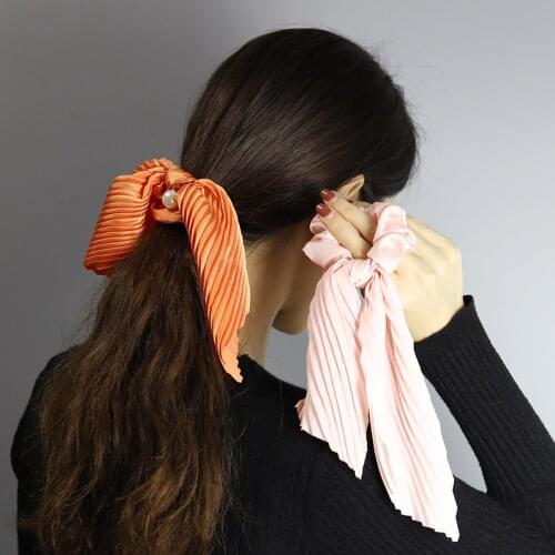 2021 Summer Satin Satin Crumpled Ponytail Streamer Large Intestine Circle Womens Hair Bundle Pearl Hair Ring Hair Accessories