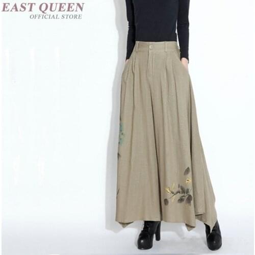 Chinese style linen striped Palazzo culotttes femme wide leg pants women female loose baggy ladies elegant pants trousers FF1177