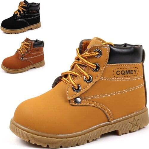 Childrens leather boots, Martin school shoes for boys and girls, plush warm winter snow boots, cotton ankle boots