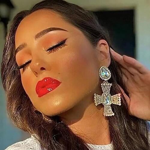 ZHINI Elegant Luxury AAA Zircon Crystal Statement Earrings For Women Simple Exaggeration Cross Drop Big Earring 2021 Jewelry