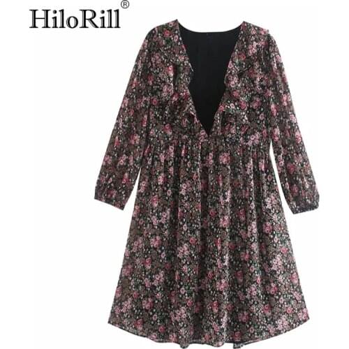 HiloRill Sexy Deep V Neck Floral Print Boho Dress Ruffles Chiffon Mini Dress Sundress Long Sleeve Beach Pleated Dress Femme Robe