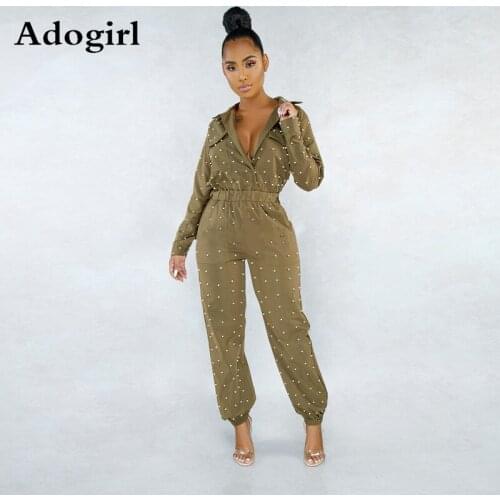 Beading Jumpsuit Coffee Color Thin Waist Side Pocket Turn-down Collar Long Sleeve Rompers Women Fashion Overalls Plus Size 2XL