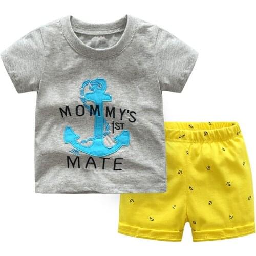 2PCS Kids Boys Summer Clothing Set "Mommys 1st Mate" Printed Cotton T-shirts And Yellow Shorts Children Boy Clothes For 2-7T
