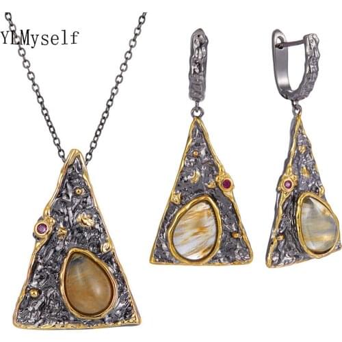 Big Triangle Vintage Necklace Earrings Sets Brown Stones Pendant 2 pcs set Female Cool Necklaces Sets Jewelry
