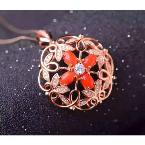 Natural red coral Pendant natural gemstone pendant S925 silver luxurious round luck Clover girl wedding gift fine jewelery