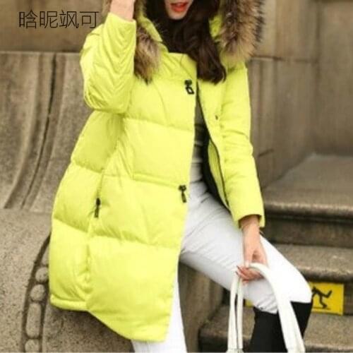 Women Parkas Long Thick Warm Jacket Hooded Fur Zipper Yellow Elegant Ladies Coats Solid Female clothing Parka Femme Plus Size