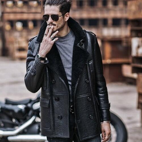 Mens Aviator B3 Sheepskin Shearling Jacket Motorcycle Jacket Travel Casual Coat winter leather jacket Long Style Black