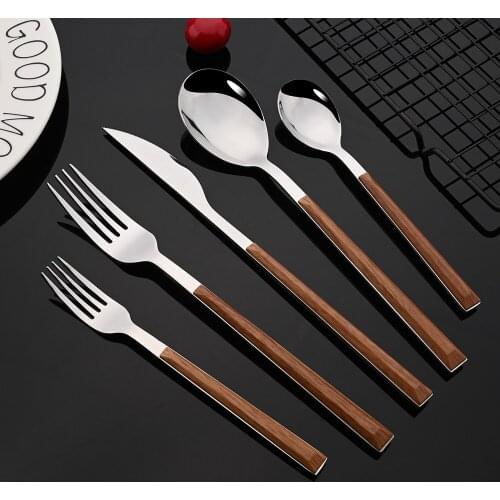 1/2/4Set Stainless Steel Dinnerware Cutlery Set Glossy Silver Wooden Tableware Western Knife Fork Teaspoon Flatware For Food
