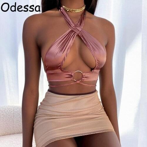 Odessa 2021 Summer Cross Halter Neck Hollow Off Shoulder Crop Top Sexy Women Sleeveless Backless Bandage Cutout Wrap Tank Tops