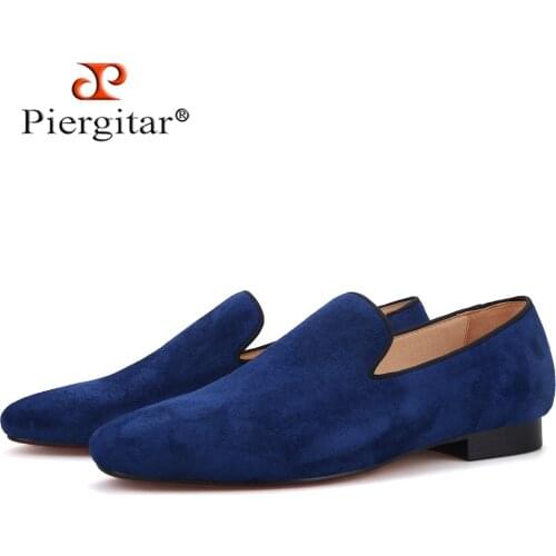 Piergitar handmade navy color men suede shoes British classic style men smoking slippers leather insole mens loafers plus size