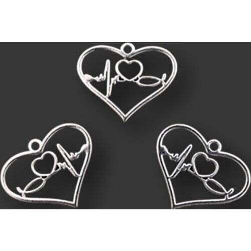 WKOUD 8pcs Silver Color hollow electrocardiogram & peach heart pendants bracelet necklace DIY metal jewelry charm makings