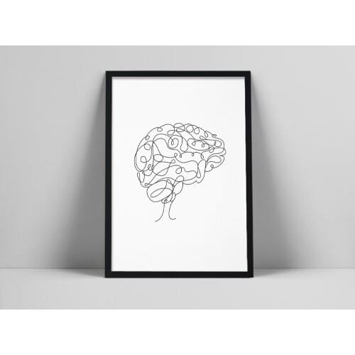Brain line drawing print, Brain printable wall art, Medical one line art, Black white sketch, Tumblr room, Doctor office deumblr