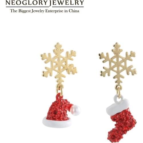 Neoglory Lovely Red Christmas Sock&Hat With Golden Snowflake Earrings For Women Crystal Pearl Enamel Drop earrings Holiday Gifts