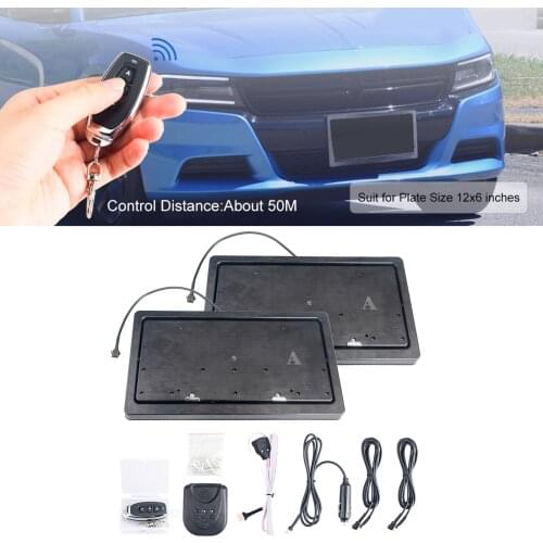 Universal 2 Set Standard Size Flip Hidden License Plate Frame Bracket Holder w/ Remote Rust Proof Waterproof
