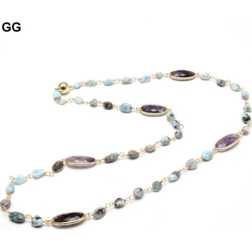 GuaiGuai Jewelry Natural Blue Larimar Nugget Rosary Chain Amethysts Bezel Set Sweater Chain Necklace 29" Cute For Women