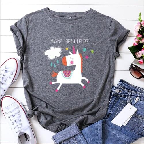 Unicorn Printed 100% Cotton Short-sleeved Womens T-shirt Casual Soft Female T Shirt Women Top Harajuku Shirt