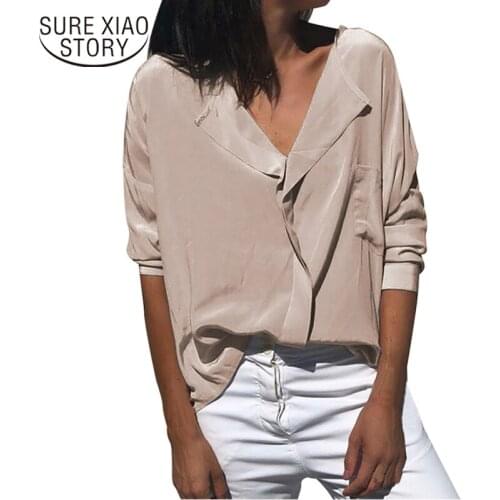 Womens Loose Casual Long Sleeve Shirt Satin Blouses V-Collar Chiffon Blouse Casual Tops Plus Size Elegent Work Wear Shirt 12418