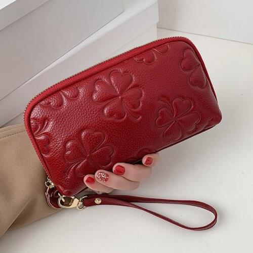 Genuine Leather Women Wallet Embossed Floral Clutch Purse Real Cow Leather Coin Pocket Money Purses Fashion Wristlet Phone Bag