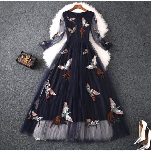 2021 Spring Summer Dress Embroidery Blue Long Dress Fashion Dress Mesh Fashion Womens Clothes