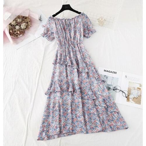 Boho 2020 Sexy Off Shoulder Floral Print Summer Dress Women Elegant Chiffon Dress Ruffles Beach Holiday Dress Mid-calf Vestidos