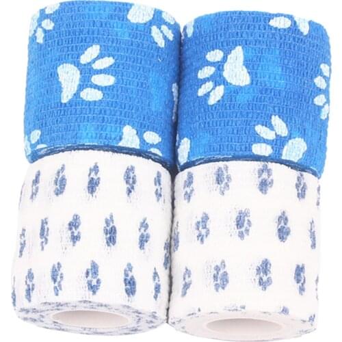 4Pcs/Pack First Aid Self Adherent Cohesive Bandages 2 inch x 14.8 ft with Paw Print Athletic Trainers Strapping Gauze Tapes