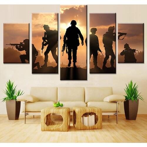 HD Printed 5 Piece Patriotic US military Painting soldiers Canvas with army Sunset Wall Pictures for Living Room battlefield
