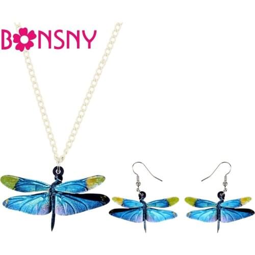 Bonsny Acrylic Cartoon Blue Dragonfly Insect Earrings Necklace Collar Animal Jewelry Sets For Women Girls Teen Gift Party Charms