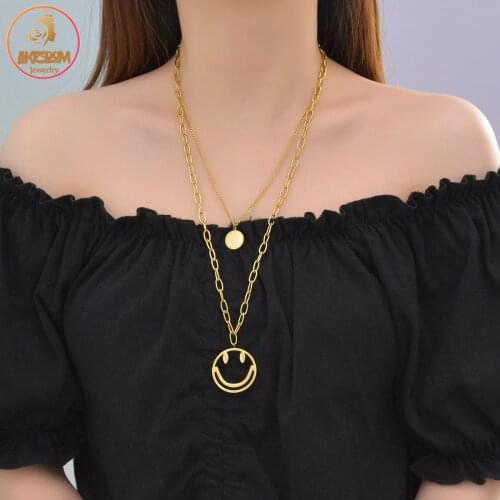 Akizoom Fashion Double Layer Smiley Pendant Necklace Stainless Steel Link Chain Vintage for Women Jewelry Hip Hop Party Gift
