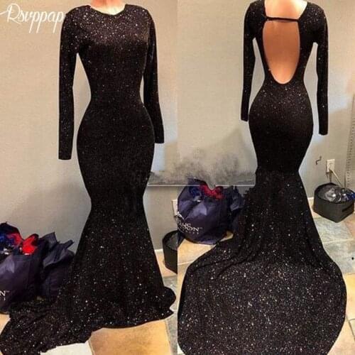 Long Prom Dresses 2021 Slinky Long Sleeve Backless Glitter Women African Floor Length Black Mermaid Prom Dress
