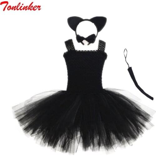 Halloween Girls Black Cartoon Cat Cosplay Costume Children Tutu Dress+3pcs Set Carnival Theme Party Performance Dress Costumes