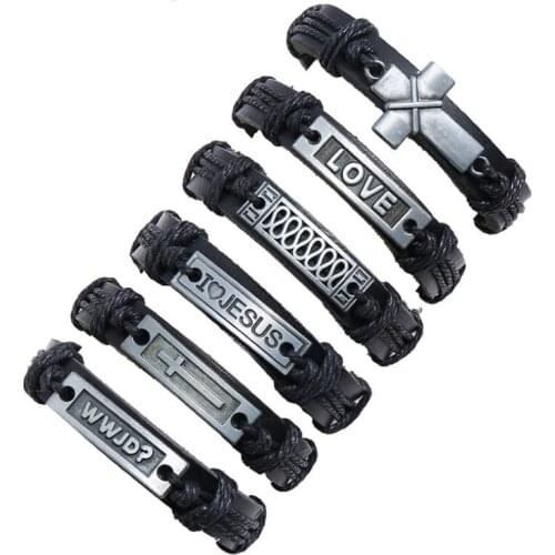 Fashion Punk Black Genuine Leather Wristbands Bracelets Set Retro Alloy Cross Jesus Love Charm Adjustable Bangle Vintage Jewelry