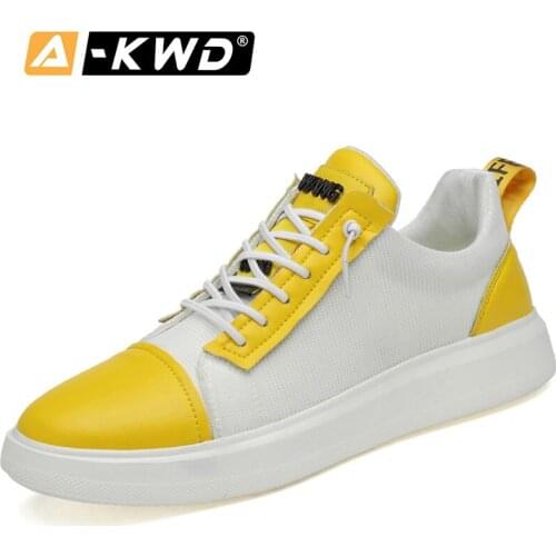 Autumn Breathable Black Yellow Men Shoes Leather Fashion Elastic Band Mens Shoes Leather Sneakers Men Rubber Designer Trainers
