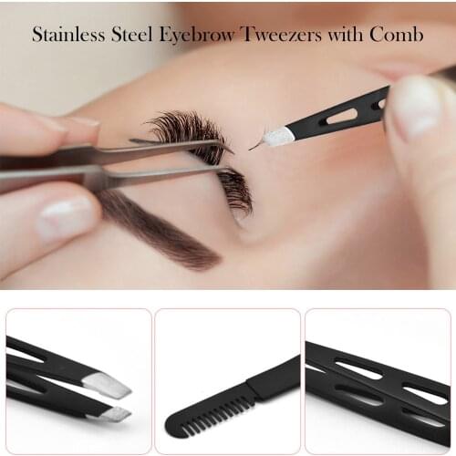 Eyebrow Tweezer Hair Beauty Slanted Puller Stainless Steel Eyebrow Clips With Comb Eyebrow Trimming Tools