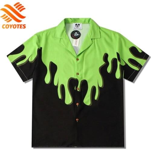 COYOTES Hip-Hop Flame Short-Sleeved Shirt Men Casual Shirts Women Korea Loose Streetwear Hawaii Beach Blouses