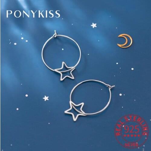 PONYKISS 100% 925 Sterling Silver Star Geometric Simple Hoop Earrings For Women Party Delicate Fashion Accessory Girl Chic Gift