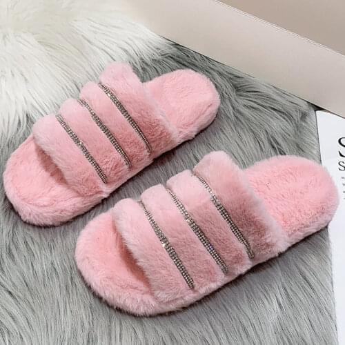 Thick Bottom 3cm Women Fur Slippers Home Plush Keeps Warm Flat Shoes Female Striped Rhinestones Slides Color Fuzzy Slippers