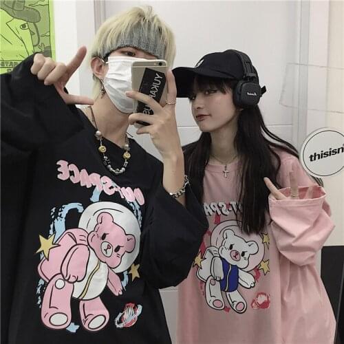 Harajuku Couple Tops Autumn New Style Korean Bear Print T-shirt Loose O-neck Long-sleeved T-shirt Men Women Bottoming Shirt Top