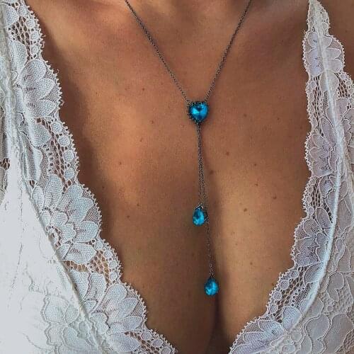 YWZIXLN 2021 Trend Elegant Jewelry Vintage Blue Crystal Heart Pendant Necklace Golden Color Unquie Women Fashion Necklace N0193