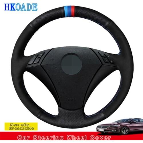 DIY Black Suede Genuine Leather Car Accessories Steering Wheel Cover For BMW E60 (Sedan) 530d 2003-2009 E61 (Touring) 2004-2009