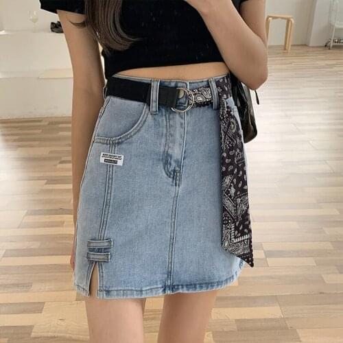 Sexy Denim Skirts Womens Summer 2021 Korean Style Blue Jeans Skirt Split High Waist A-Line Short Skirt with Belt Ins Fashion