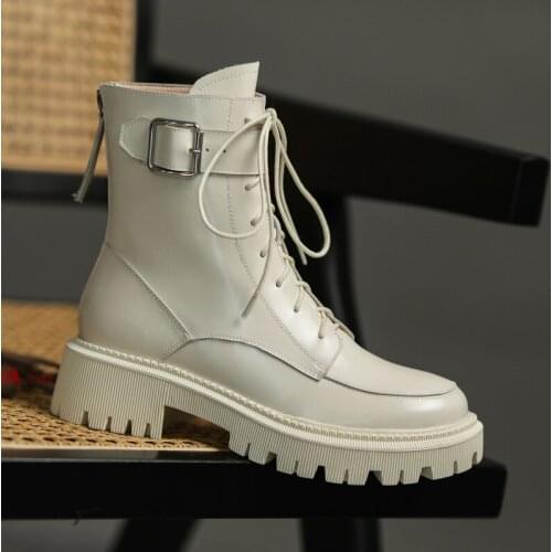 Genuine Leather Real Wool Fur Platform High Heel Motorcycle Boots Women Zip Lace Up Ankle Boots Block Heels Short Boots