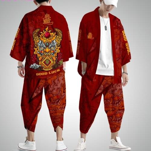 Plus Size XS-6XL Lucky Cow Print Japanese Style Fashion Kimono and Pant Set Men Women Cardigan Blouse Haori Obi Asian Clothes