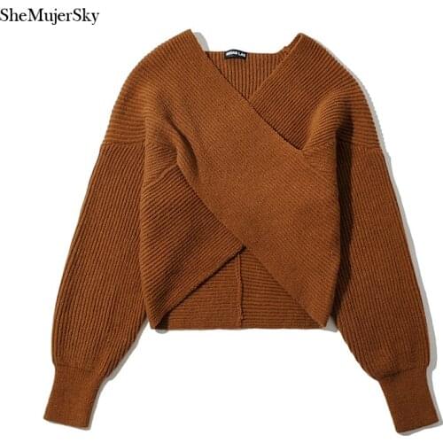 SheMujerSky Women Sexy Cross Cropped Sweaters V-neck Knitted Loose Pullovers 2020 Autumn Winter Sweater