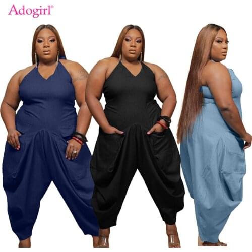 Adogirl XL-5XL Plus Size Women Spaghetti Straps Loose Jumpsuit with Big Pockets Haren Pants Summer Casual Romper Overalls