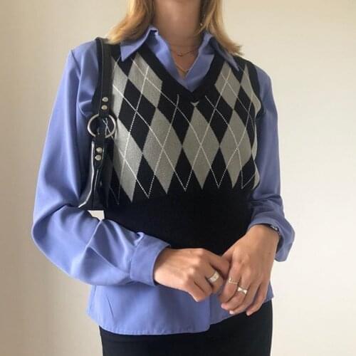 2021 Women Argyle Print Sweater Vest Classic Sleeveless V Neck Knit Crop Tank Tops for Matching Shirt Fall Dropshipping