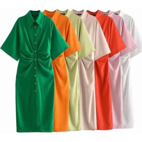 Za Women Shirt Dresses Chic Fashion Button Bodycon Midi Dress Vintage Short Sleeve Dress Summer Female Vestidos Mujer Solid Robe