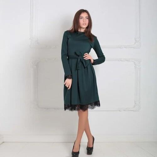 Women Vintage Lace Patchwork Sashes A-line Dress Long Sleeve O neck Solid Elegant Casual Party Dress 2021 Autumn Fashion Dress