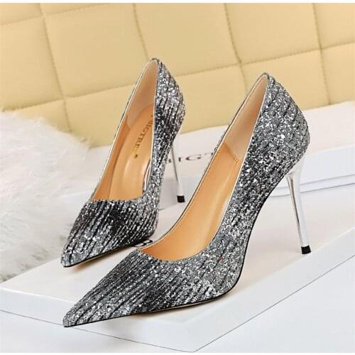 Champagne Womens Glittering Sequins Classic Pumps 10cm Thin Heels Dress Shoes Sexy Pointed OL Office Shoes for Woman Size 34-43