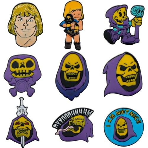 12 Styles He-Man Brooches pins Cartoon Purple Skeletor Brooch Masters of the Universe Enamel pin Skull Brooch Halloween Gift